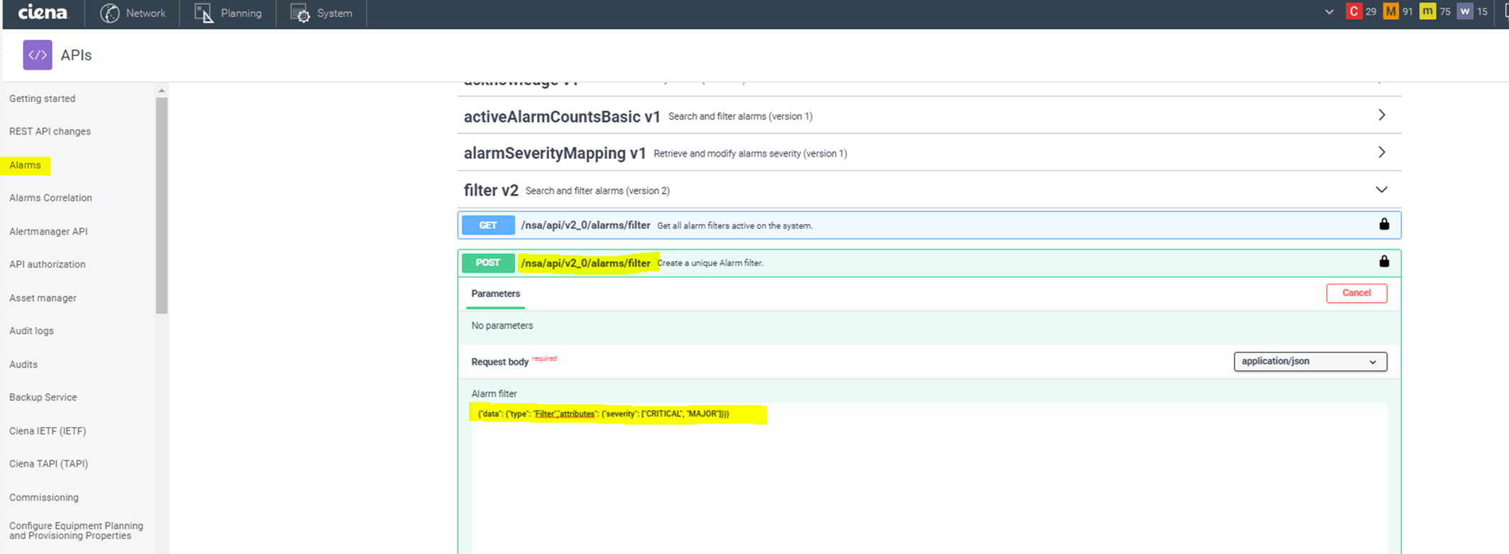 MCP Create Alarm filter API POST /nsa /api /v2_0 /alarms /filter fails