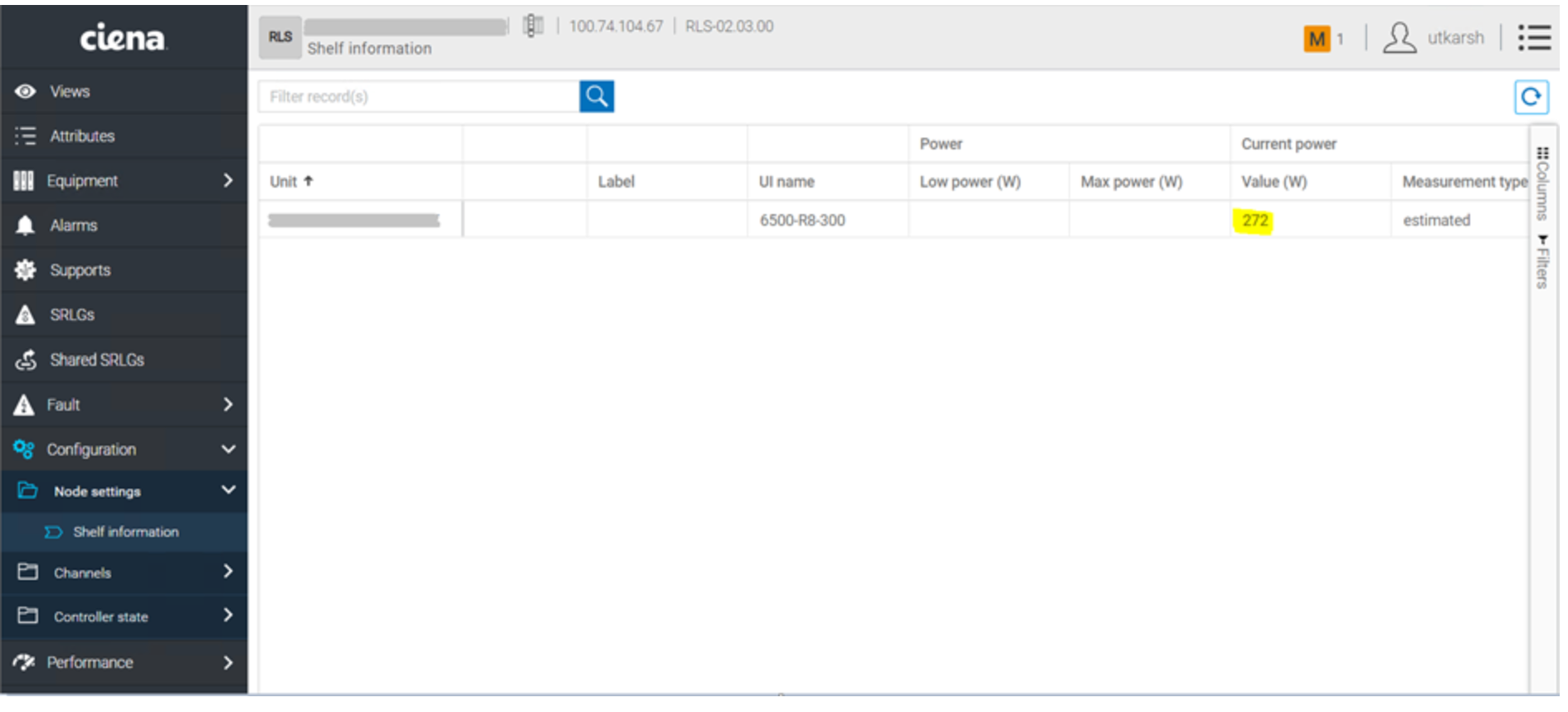 RLS: How to check current power consumption on RLS shelf in MCP