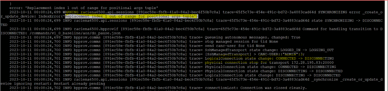MCP: 6500 node showing connecting state with error "replacement index 1 ...