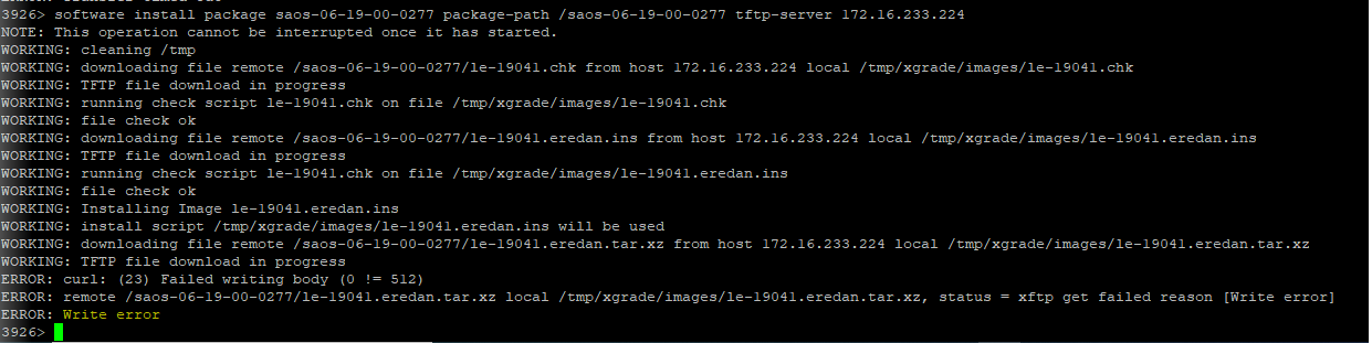 SAOS 6.x: Write error during software upgrade of 3926